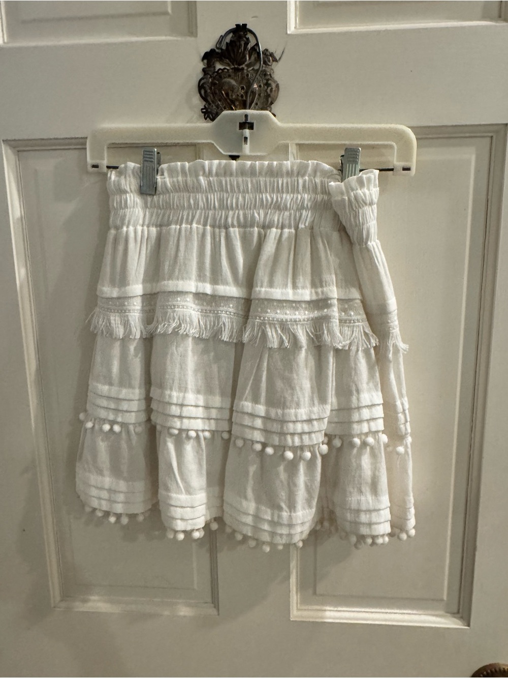 American Threads White Tiered Pom-Pom Skater Mini Skirt